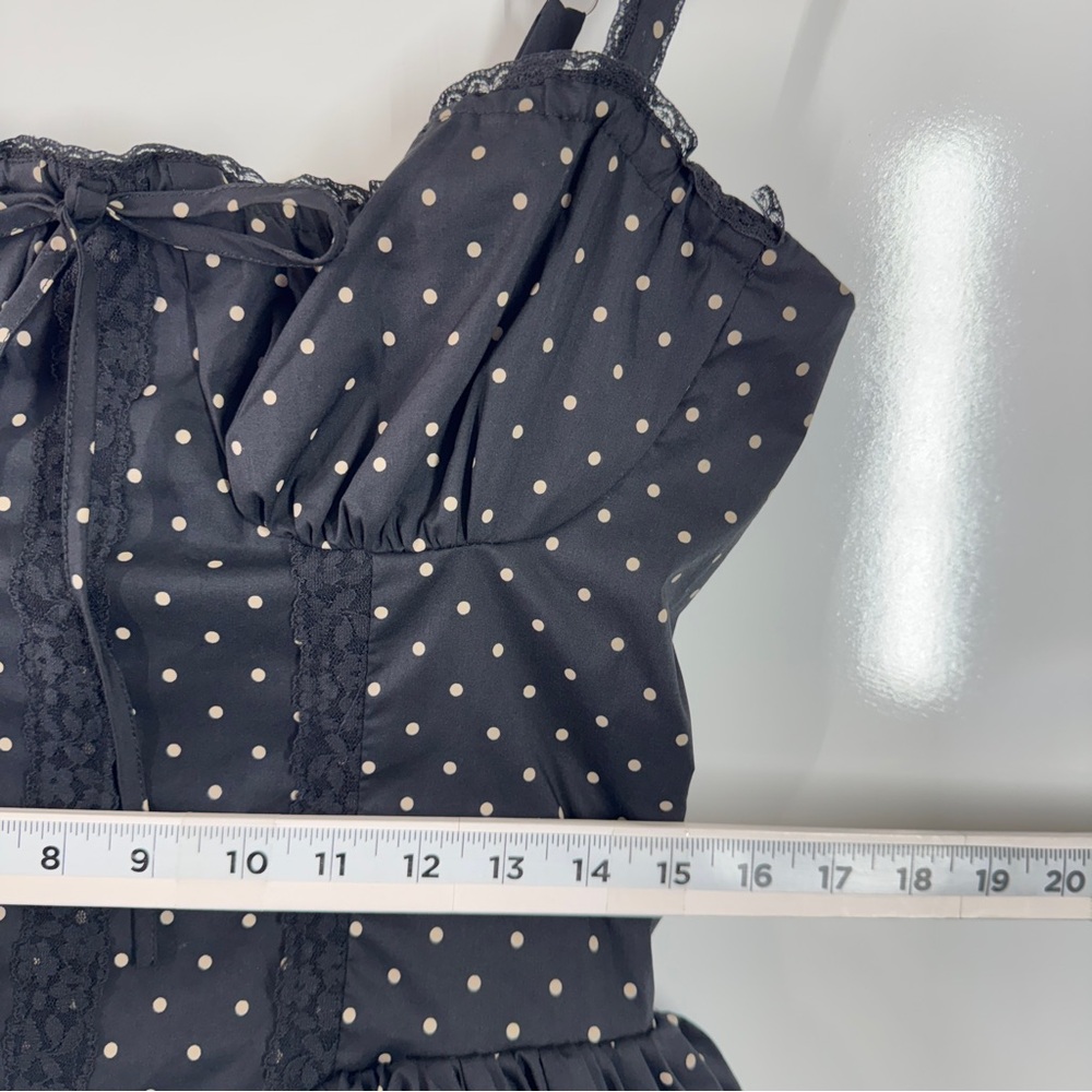 R+F Women Polka Dot Corset Mini Dress Lace Trim Fit Flare Sz M Black Coquette - Picture 8 of 15